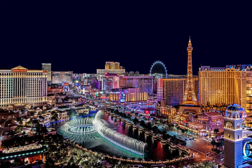 Las Vegas, USA - February 17, 2018 Panoramic view of Las Vegas strip at night in Nevada.